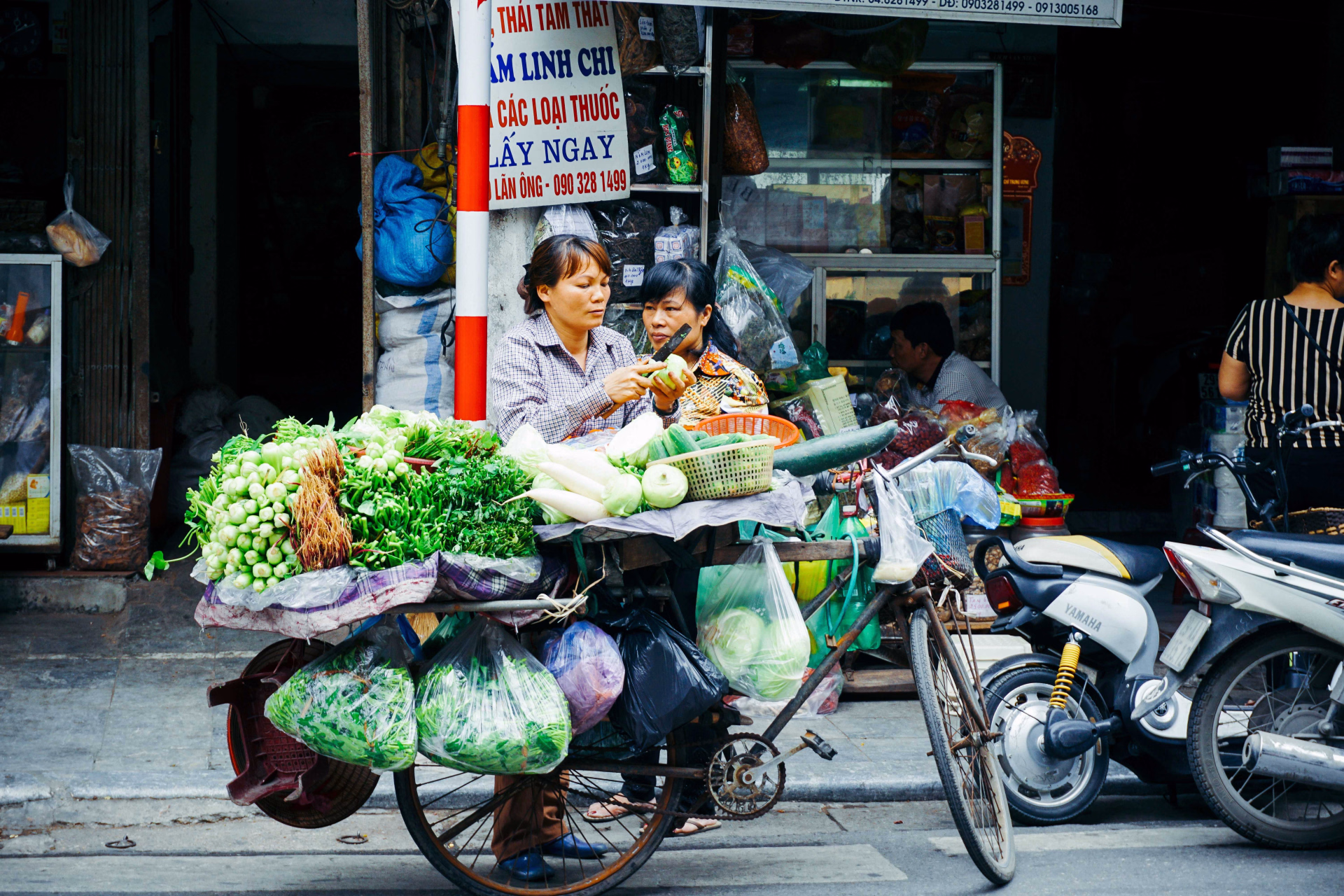 Marchande ambulante à vélo de légumes à Hanoï au Vietnam