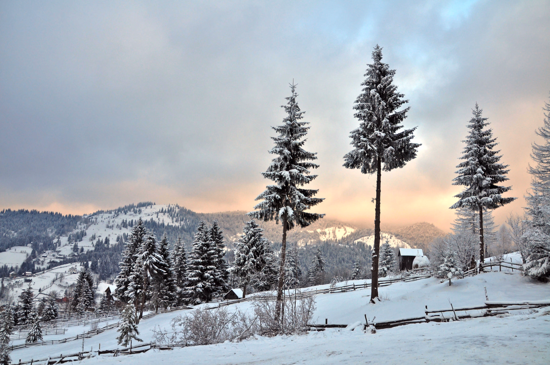 Paysage typique du Maramures enneigé, Roumanie