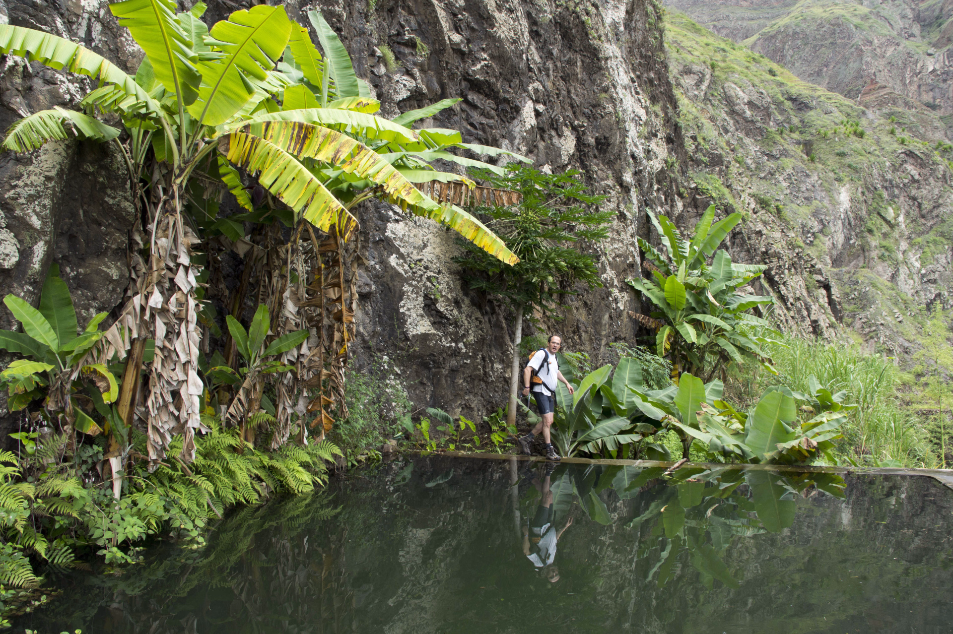 Réserve d'eau pour l'irrigation et luxuriance de Santo Antao