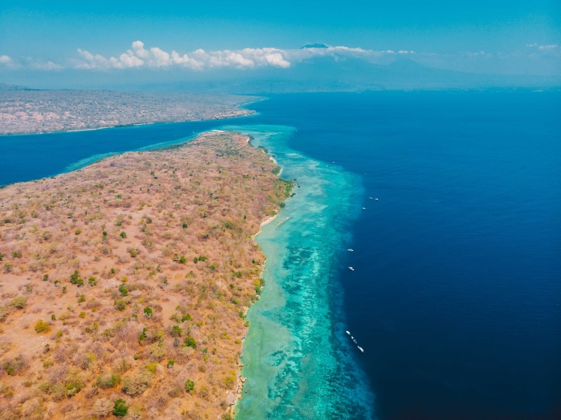 Vue aérienne de l'île de Menjangan avec la barrière de corail et la mer bleue